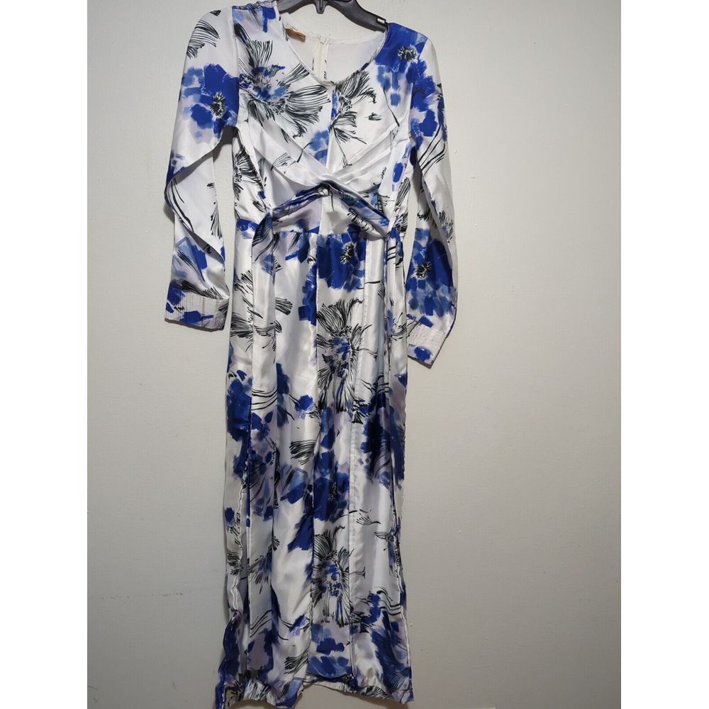 Sowears Soha Vaseer Blue White Floral Satin Maxi Dress Twisted Waist Long Sleeve